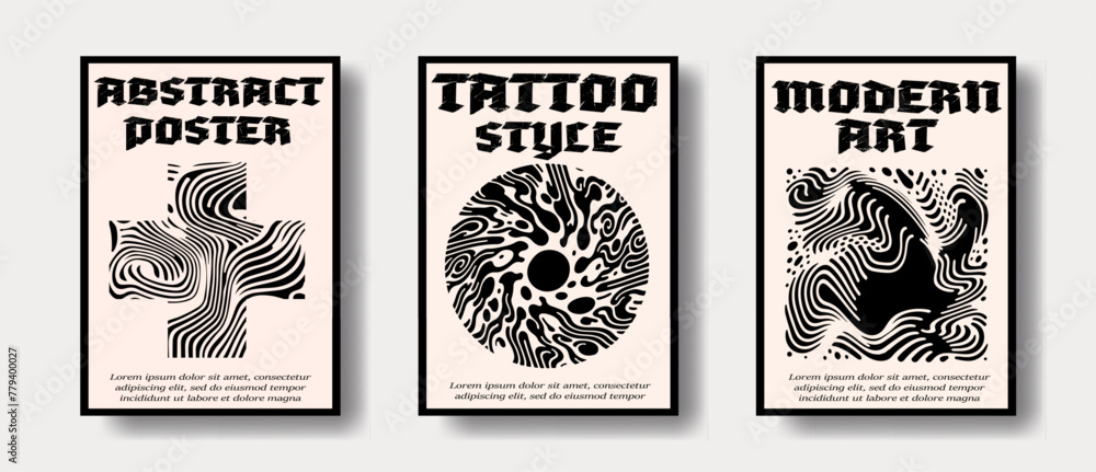 Poster set of modern abstract posters with geometrical textured shapes. contemporary zentangle style.