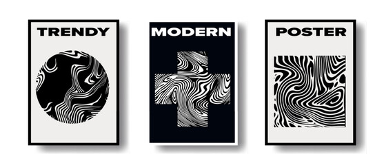Set of modern abstract posters with geometrical textured shapes. Contemporary zentangle style.  - 779400003