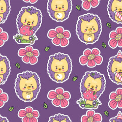 Seamless pattern with funny hedgehog with mushroom fly agaric and flowers on purple background. Cute kawaii animal character. Vector illustration. Kids collection