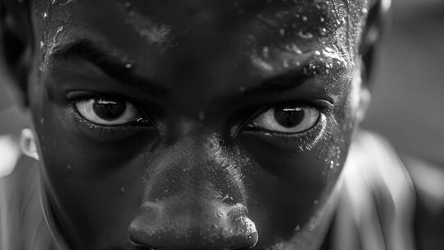 The intense gaze of a track runner as they give their all in the final stretch.