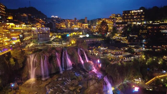 Timelapse of Beautiful landscape at the Furong old Town with lighting waterfall, The famous tourist destination at Hunan Province, China