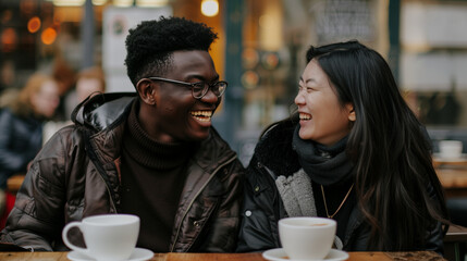 Happy multicultural couple laughing over coffee at an outdoor cafe