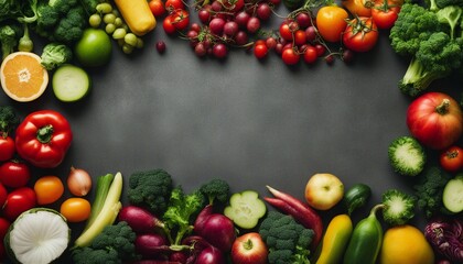 A variety of fresh, colorful organic vegetables and fruits on a grey background, promoting healthy eating. Top view with copy space in the center.