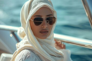 Elegant Woman in Sunglasses on a Boat