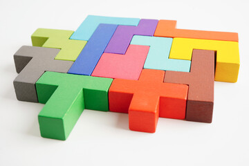Logical thinking and problem solving problem solution creative business concept, wooden puzzle...