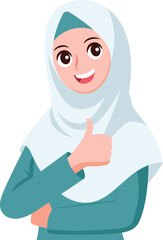 Smiling hijab muslim female thumbs up vector flat illustration