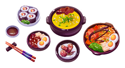 Traditional korean food in plates and bowls with chopsticks. Cartoon vector illustration set of oriental meals for dinner. Asian restaurant cuisine delicious cooking. Popular spicy cooked snack. - obrazy, fototapety, plakaty