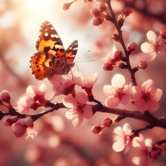 Let's protect the cherry blossom branches in the sun, the appearance of butterflies getting honey,...