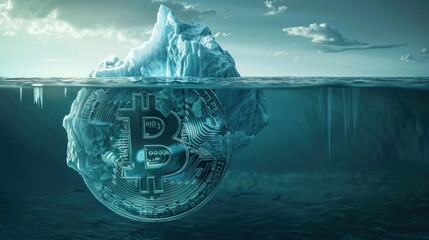 Iceberg financial concept, futuristic image of an iceberg with bitcoin underwater