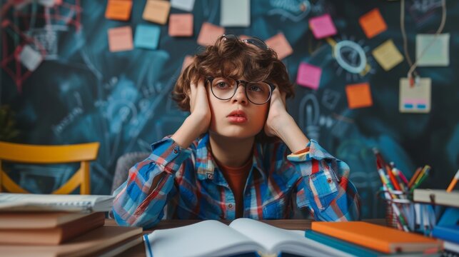 Sad tired frustrated student at the school, Lazy unhappy bored and tired kid. Hard learning, Difficulties classes concept