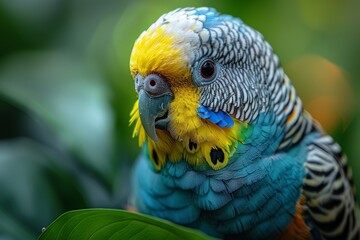 Obraz premium Colorful parrot perched among lush green foliage in a vibrant natural habitat showcasing its intricate feathers and lively expression