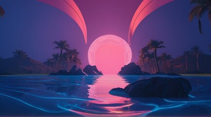 Tropical landscape with a neon pink sunset