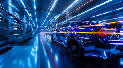 A long-time exposure of a modern car manufacturing belt with neon lights.