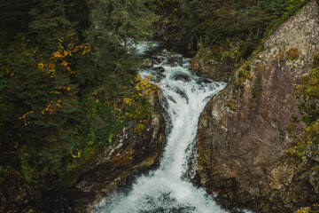 Wild river waterfall in mountain forest. High quality photo