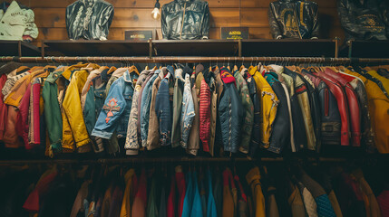 Various vintage jackets on a clothing rack in a second hand shop. AI generated