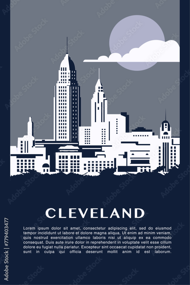 Poster usa cleveland retro city infographic poster with abstract shapes of skyline, buildings. vintage us o