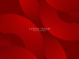 Abstract red glowing geometric lines on dark red background. Modern shiny red circle lines pattern. Futuristic technology concept, perfect for covers, posters, banners, brochures, websites, etc.