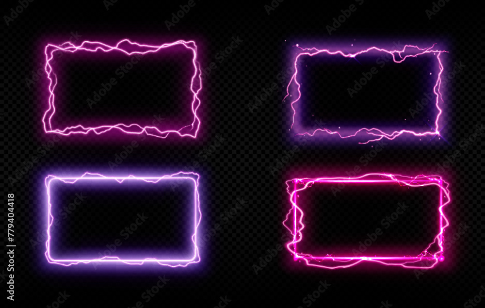 Poster pink rectangle lightning frame. electric thunder energy glow. neon magic effect with plasma shock po