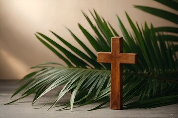 Wooden cross on a palm leaf with soft light