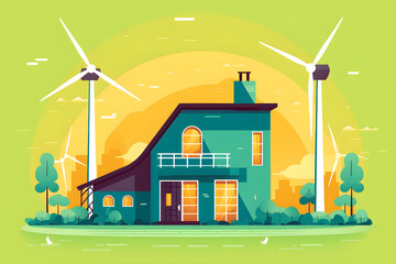 flat vector design of green energy Ecology concept,house,wind turbine,modern design,minimal trendy design,solid color,vector graphic