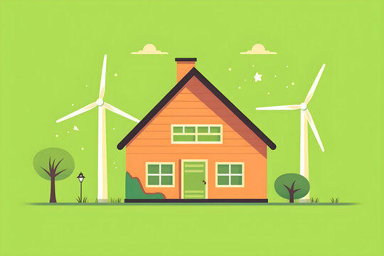 flat vector design of green energy Ecology concept,house,wind turbine,modern design,minimal trendy design,solid color,vector graphic