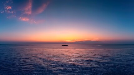 Naklejka premium A vast expanse of ocean under the twilight sky, with distant ships sailing on it. This wide-angle photograph highlights the beauty of nature's tranquility, commercial activity at dusk. For Design, PPT