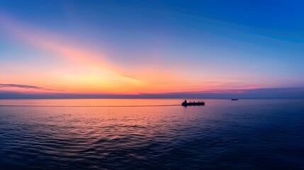 Naklejka na ściany i meble A vast expanse of ocean under the twilight sky, with distant ships sailing on it. This wide-angle photograph highlights the beauty of nature's tranquility, commercial activity at dusk. For Design, PPT