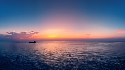 Obraz premium A vast expanse of ocean under the twilight sky, with distant ships sailing on it. This wide-angle photograph highlights the beauty of nature's tranquility, commercial activity at dusk. For Design, PPT