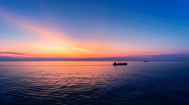 A vast expanse of ocean under the twilight sky, with distant ships sailing on it. This wide-angle photograph highlights the beauty of nature's tranquility, commercial activity at dusk. For Design, PPT
