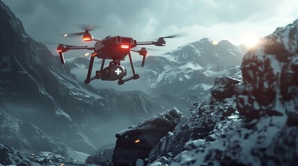 Emergency medical drone flying over challenging terrain, quickly moving to deliver life-saving aid to a patient, showcasing its rescue capabilities - obrazy, fototapety, plakaty