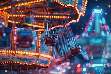 Illuminated swing ride at a carnival with bright lights against a night sky.
