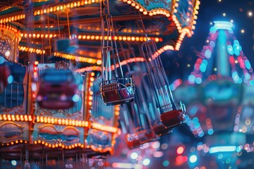 Illuminated swing ride at a carnival with bright lights against a night sky. - Powered by Adobe