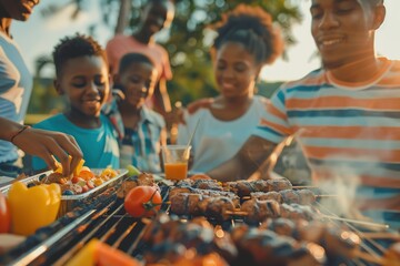 Family and friends enjoying a barbecue outdoors.