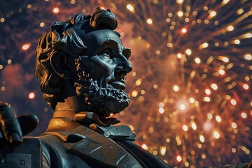 A statue with a backdrop of vibrant fireworks.