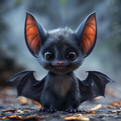 A cute cartoon baby bat with a big smile on its face. 3d render style, children cartoon animation style