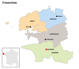 Administrative map of the Breton department of Finistre, France