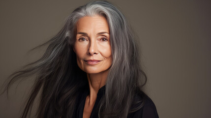 Elegant, smiling, elderly, chic Latino, Spain woman with gray long hair and perfect skin, on a brown background, banner.