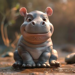 A cute cartoon baby hippo is sitting on the ground with its mouth open. 3d render style, children cartoon animation style