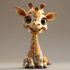 A cute baby giraffe with a big smile on its face. The giraffe is sitting down and looking at the camera. 3d render style, children cartoon animation style