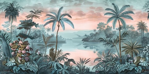 Fototapeta na wymiar wallpaper jungle and leaves tropical forest birds old drawing vintage - generative ai