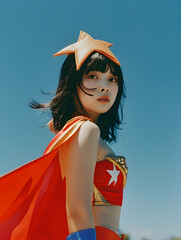 スーパーヒーロー風コスプレのアジア人女性