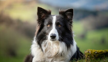 A close shot of a black and white border collie, working dog