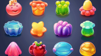 Jelly and Candies set icons on dark background, Illustration.