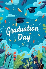 illustration for graduation day with black caps of graduates and confetti