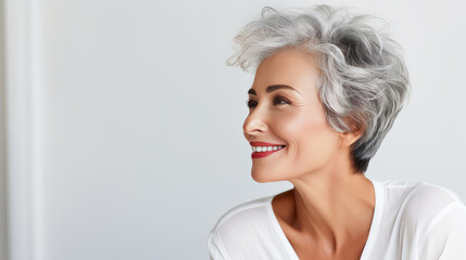 Elegant, smiling elderly, chic Latino, Spain woman with gray hair and perfect skin, white background, banner. - obrazy, fototapety, plakaty
