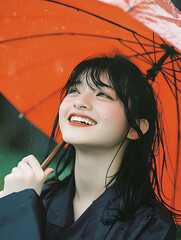 梅雨の恵み -傘と微笑む日本人女性