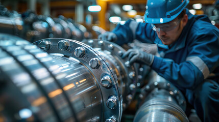 Worker carefully installs tightening bolts and nuts for a piping flange system in an industrial plant.