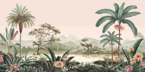 wallpaper jungle and leaves tropical forest birds old drawing vintage - generative ai	