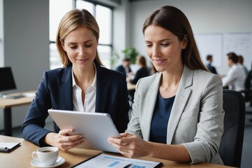 Fototapeta premium Businesswoman sharing tablet PC with colleague in office