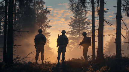 Soldiers standing together in an outdoor landscape against the sunset - soldier silhouette, team unity, military formation. - obrazy, fototapety, plakaty